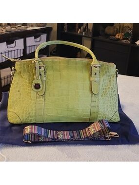 Vintage Dooney and Bourke, Lime Green Croc-Embossed Satchel Bag EUC